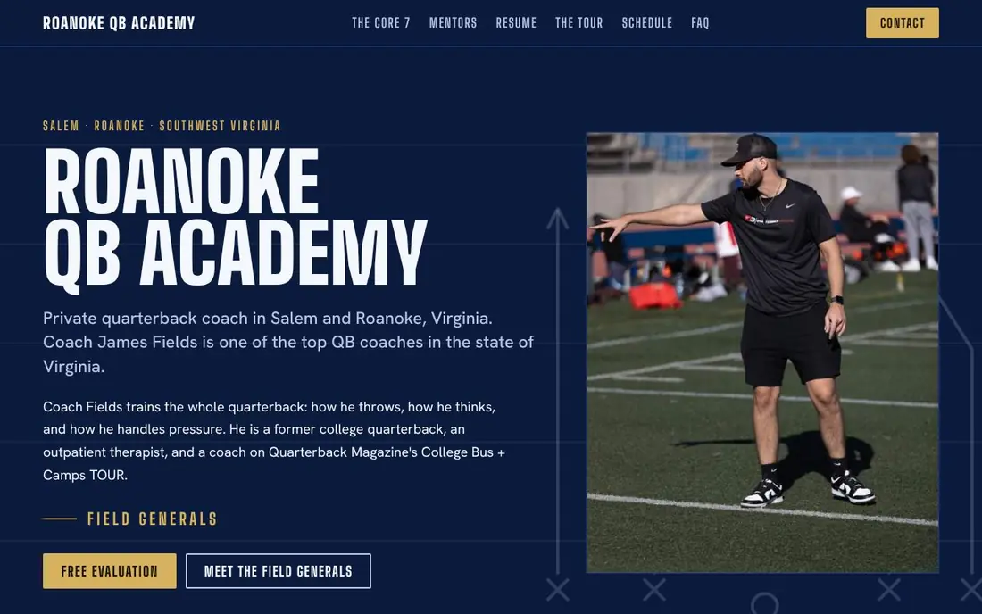 Roanoke QB Academy website on a laptop