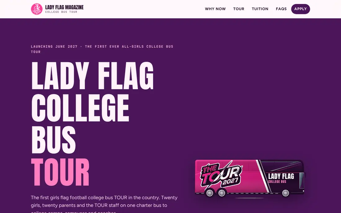 Lady Flag College Bus Tour website on a laptop