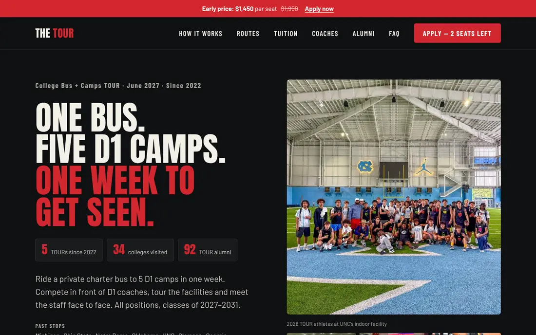 THE TOUR college bus and camps website on a laptop