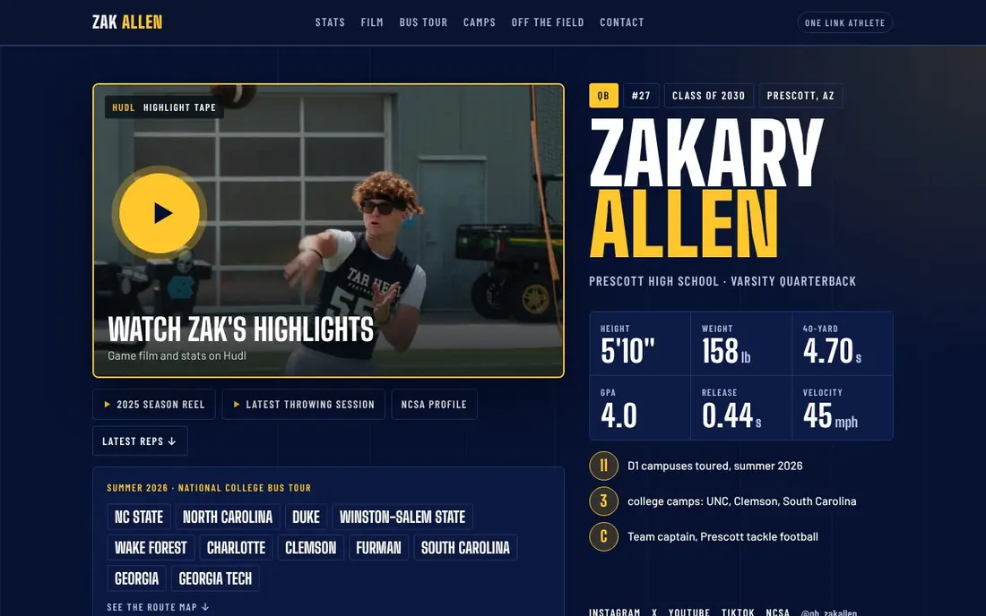 Real OneLinkAthlete site: Zakary Allen, QB, Class of 2030