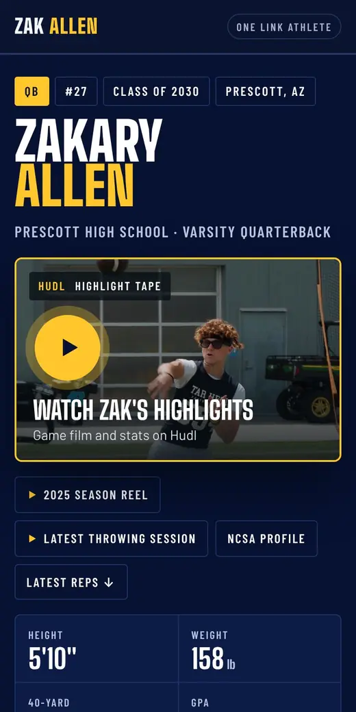 Zak Allen's OneLinkAthlete site on a phone